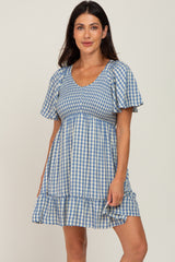 Blue Gingham Print Smocked Maternity Dress