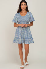 Blue Gingham Print Smocked Dress