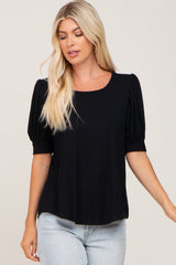 Black Ribbed Puff Short Sleeve Top