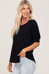 Black Ribbed Puff Short Sleeve Top