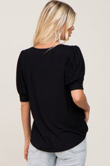 Black Ribbed Puff Short Sleeve Top