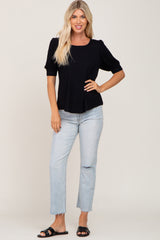 Black Ribbed Puff Short Sleeve Top