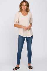 Beige Ribbed Puff Short Sleeve Top