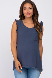 Navy Sleeveless Ruffle Pocket Front Maternity Top