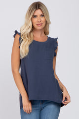 Navy Sleeveless Ruffle Pocket Front Top