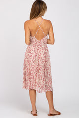 Mauve Floral Pleated Cross Back Dress