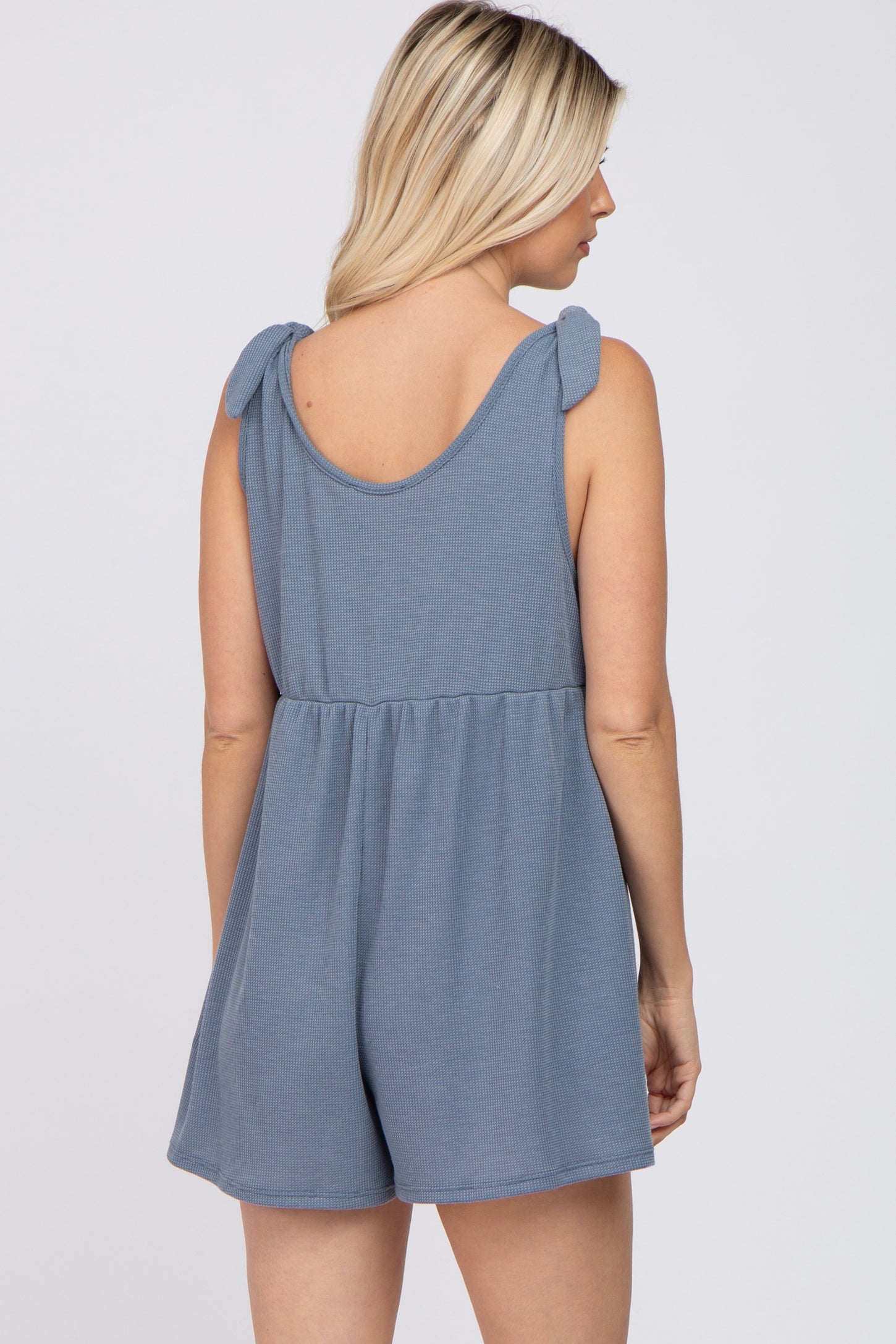 Blue Waffle Knit Shoulder Tie Maternity Romper– PinkBlush