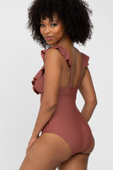 Brown Ruffle One-Piece Swimsuit