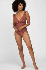 Brown Ruffle One-Piece Swimsuit