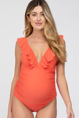 Orange Ruffle One-Piece Maternity Swimsuit