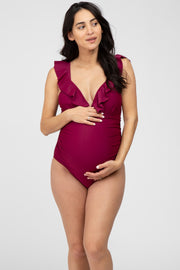 Burgundy Ruffle One-Piece Maternity Swimsuit