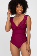 Burgundy Ruffle One-Piece Maternity Swimsuit