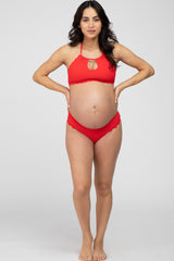 Red Ribbed Scalloped Two-Piece Maternity Bikini Set