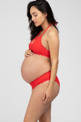 Red Ribbed Scalloped Two-Piece Maternity Bikini Set