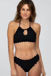 Black Ribbed Scalloped Two-Piece Bikini Set