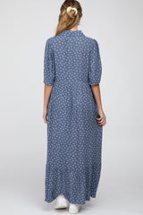 Navy Blue Floral Collared Button Down Hi-Low Maternity Midi Dress