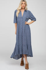 Navy Blue Floral Collared Button Down Hi-Low Midi Dress