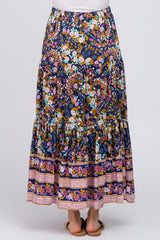 Navy Multi-Color Floral Ruffle Hem Maternity Maxi Skirt