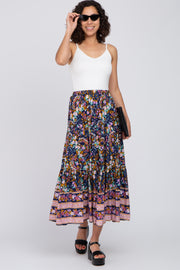 Navy Multi-Color Floral Ruffle Hem Maxi Skirt