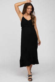 Black Swiss Dot Ruffle Accent Maternity Maxi Dress