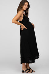 Black Swiss Dot Ruffle Accent Maternity Maxi Dress