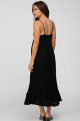 Black Swiss Dot Ruffle Accent Maternity Maxi Dress