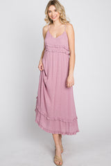 Mauve Swiss Dot Ruffle Accent Maxi Dress