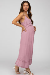 Mauve Swiss Dot Ruffle Accent Maternity Maxi Dress