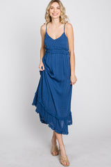 Navy Swiss Dot Ruffle Accent Maxi Dress