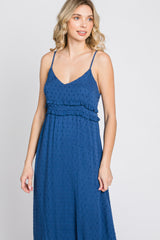 Navy Swiss Dot Ruffle Accent Maxi Dress