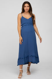 Navy Swiss Dot Ruffle Accent Maternity Maxi Dress