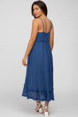 Navy Swiss Dot Ruffle Accent Maternity Maxi Dress