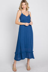 Navy Swiss Dot Ruffle Accent Maternity Maxi Dress