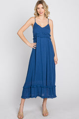 Navy Swiss Dot Ruffle Accent Maxi Dress