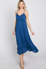 Navy Swiss Dot Ruffle Accent Maxi Dress