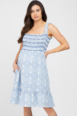 Blue Printed Smocked Ruffle Maternity Dress