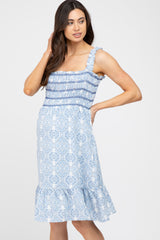 Blue Printed Smocked Ruffle Maternity Dress