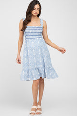 Blue Printed Smocked Ruffle Maternity Dress