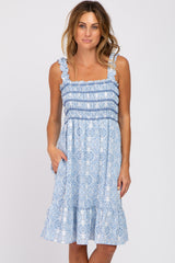 Blue Printed Smocked Ruffle Accent Dress