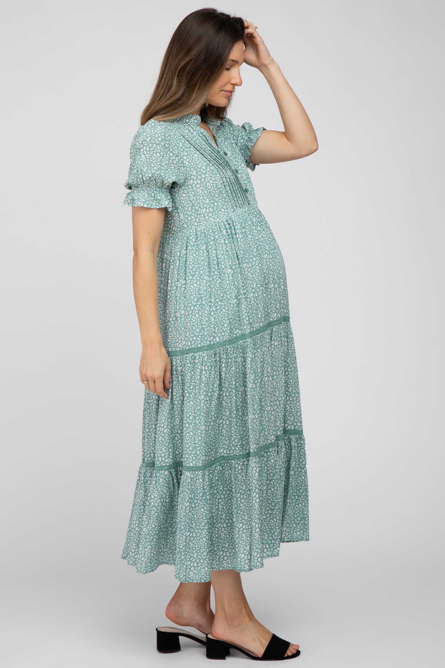 Mint Animal Print Button Front Tiered Maternity Midi Dress – PinkBlush