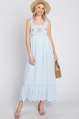 Light Blue Floral Embroidered Sleeveless Maxi Dress