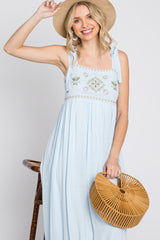 Light Blue Floral Embroidered Sleeveless Maxi Dress