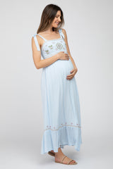 Light Blue Floral Embroidered Sleeveless Maternity Maxi Dress