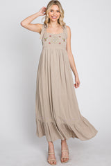 Beige Floral Embroidered Sleeveless Maxi Dress