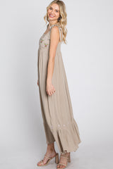 Beige Floral Embroidered Sleeveless Maxi Dress