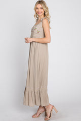 Beige Floral Embroidered Sleeveless Maxi Dress