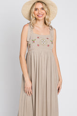 Beige Floral Embroidered Sleeveless Maxi Dress