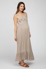 Beige Floral Embroidered Sleeveless Maternity Maxi Dress