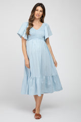 Light Blue Smocked Ruffle Hem Maternity Midi Dress