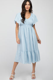 Light Blue Smocked Ruffle Hem Midi Dress